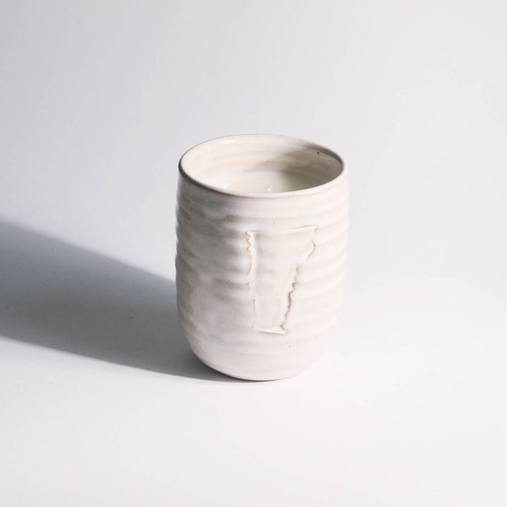 First Tracks Blend Soy Candle in handcrafted ceramic mug