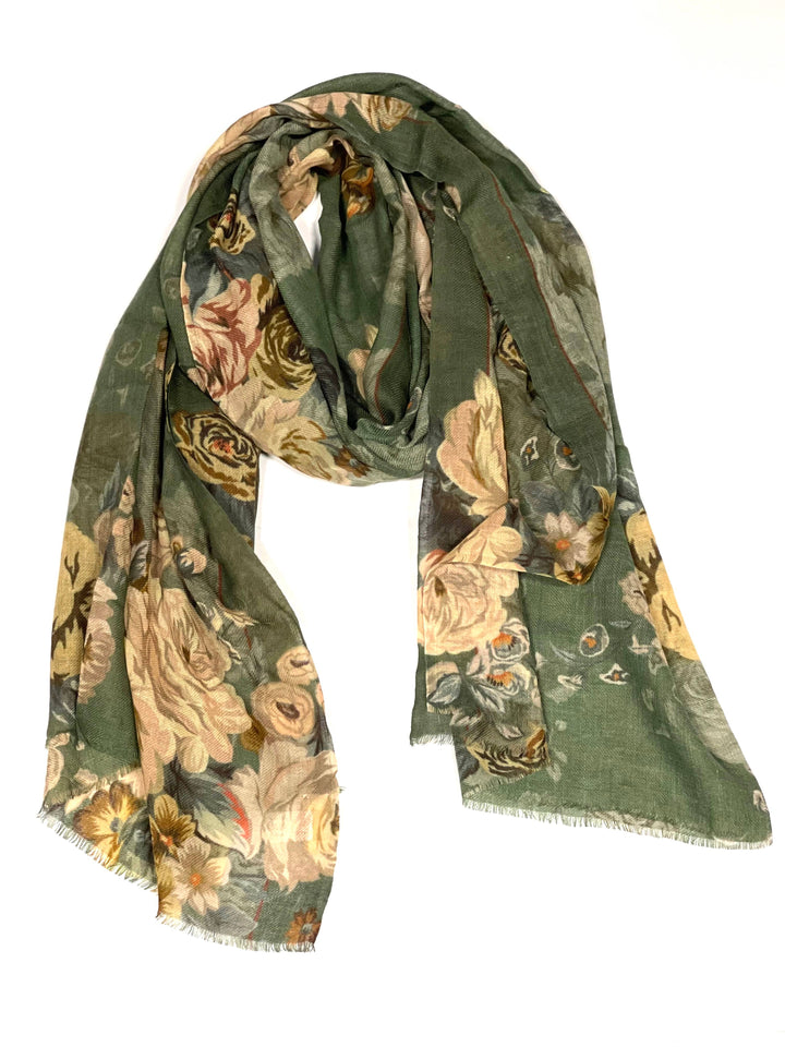 Amal Wool Silk Scarf/Wrap Olive Multi