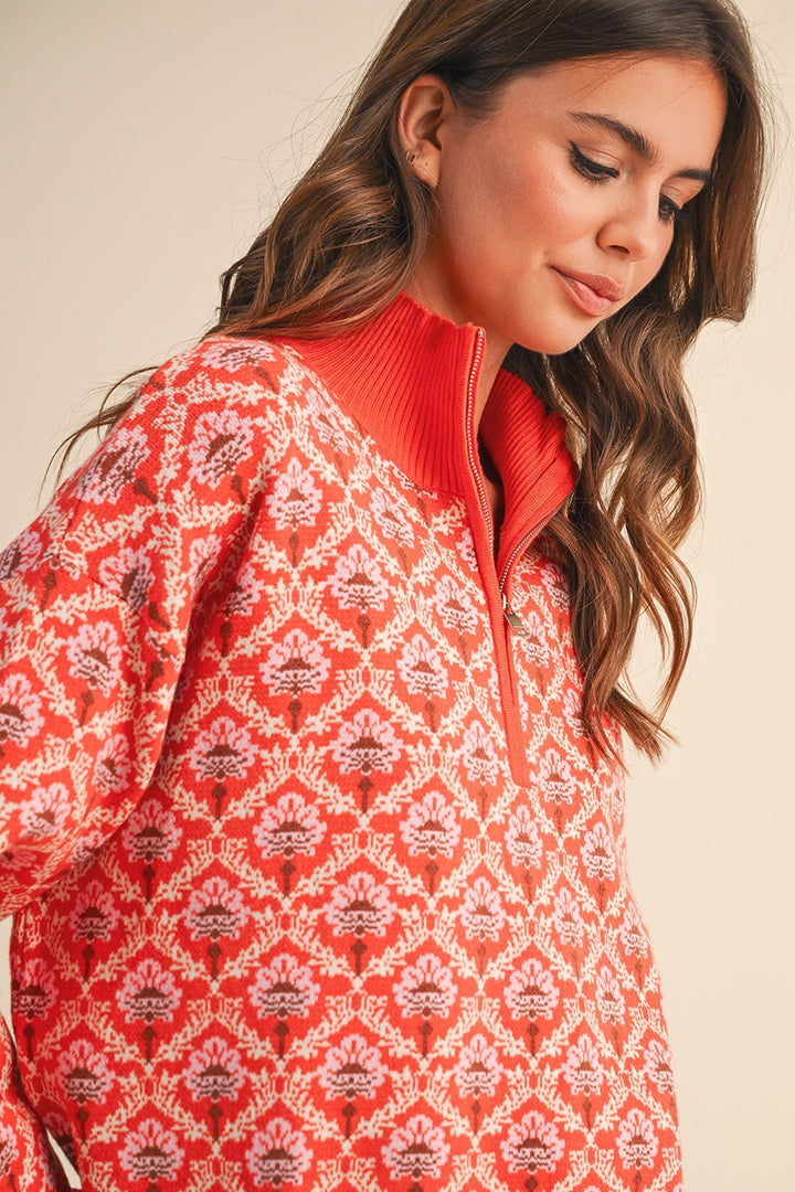 Floral Mock Neck 1/2 Zip Pullover, red orange multi