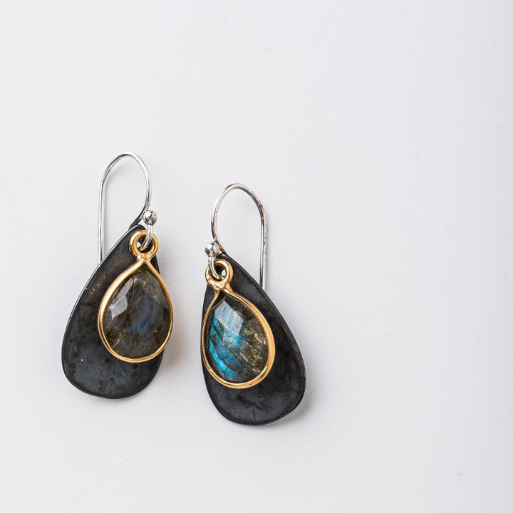 Black Petal Earrings, labradorite