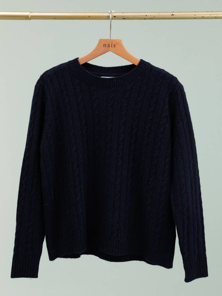 Crew Neck Cable Knit Merino Sweater, nvy blue