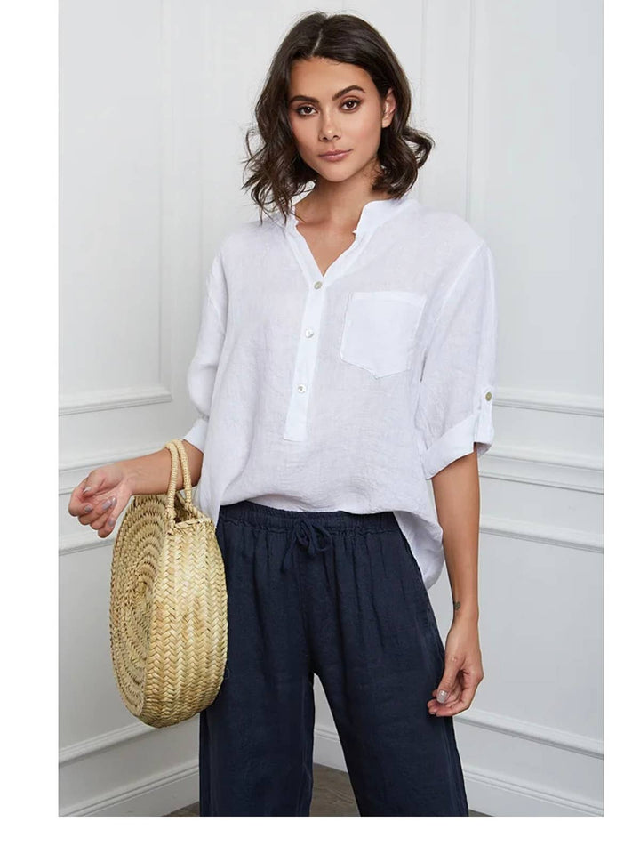 Henley Button Blouse, White