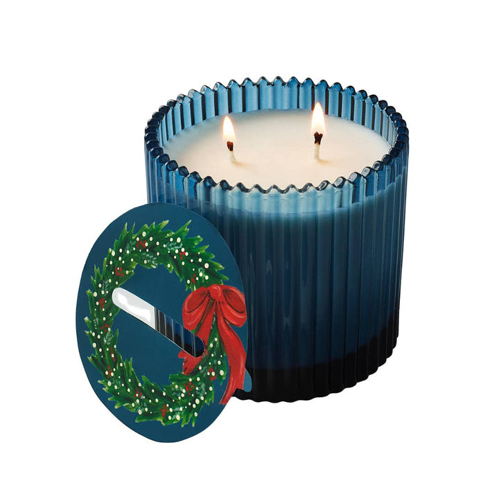 Home For the Holidays Roland Pine 14 oz Blue Two-Wick Ribbed Glass Candle