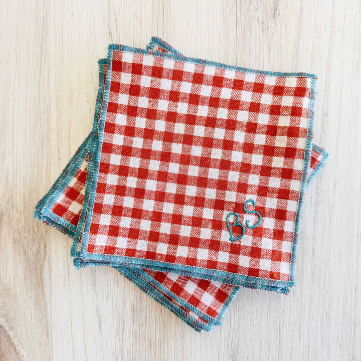 Sweary Cocktail Coasters, gingham plaid, papaya set of 8