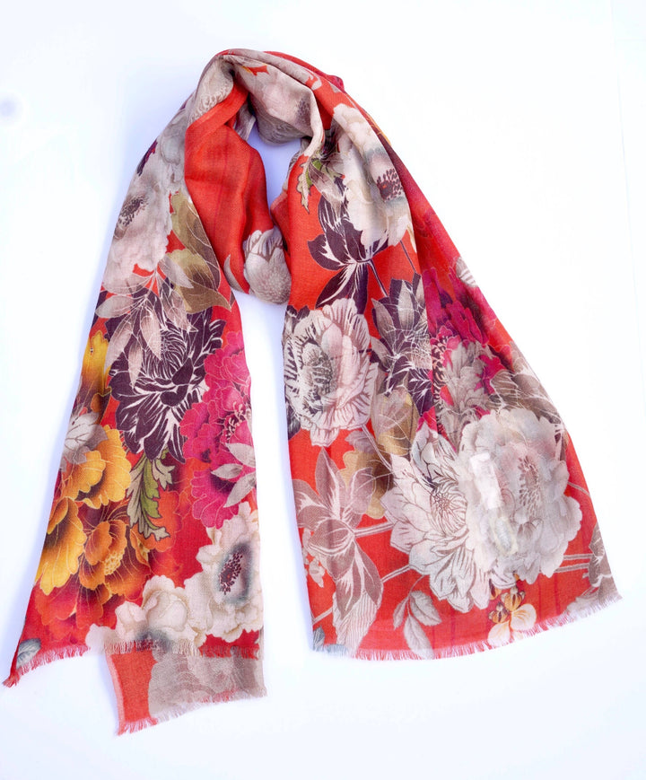 Lhasa Floral Wool Scarf/Wrap Orange