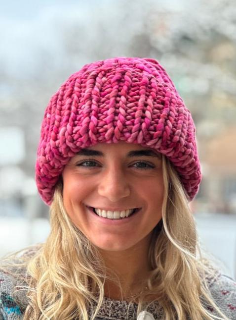 Roving Hat, 100% wool, hand knit, english rose