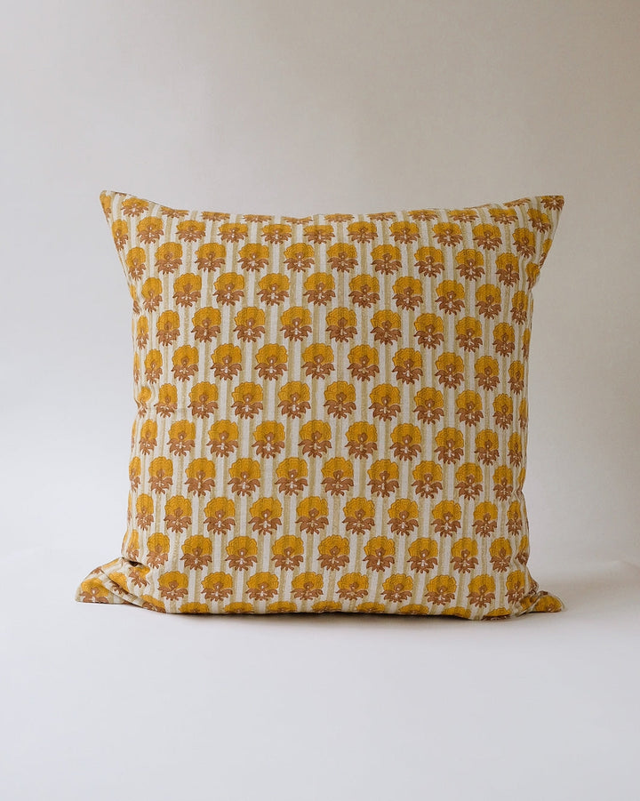 Veda Hand Block Printed Linen Pillow, 22x22, mustard stripe w/insert