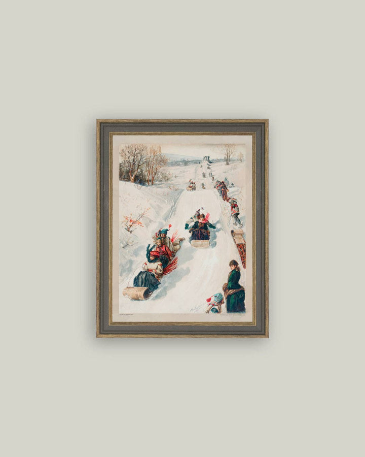 Tobagganing Framed Antique Art