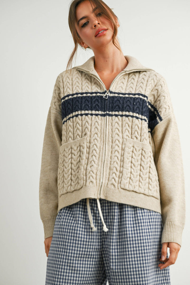 Zip-Front Collared Striped Knit Long Sleeve Top - BMC7887
