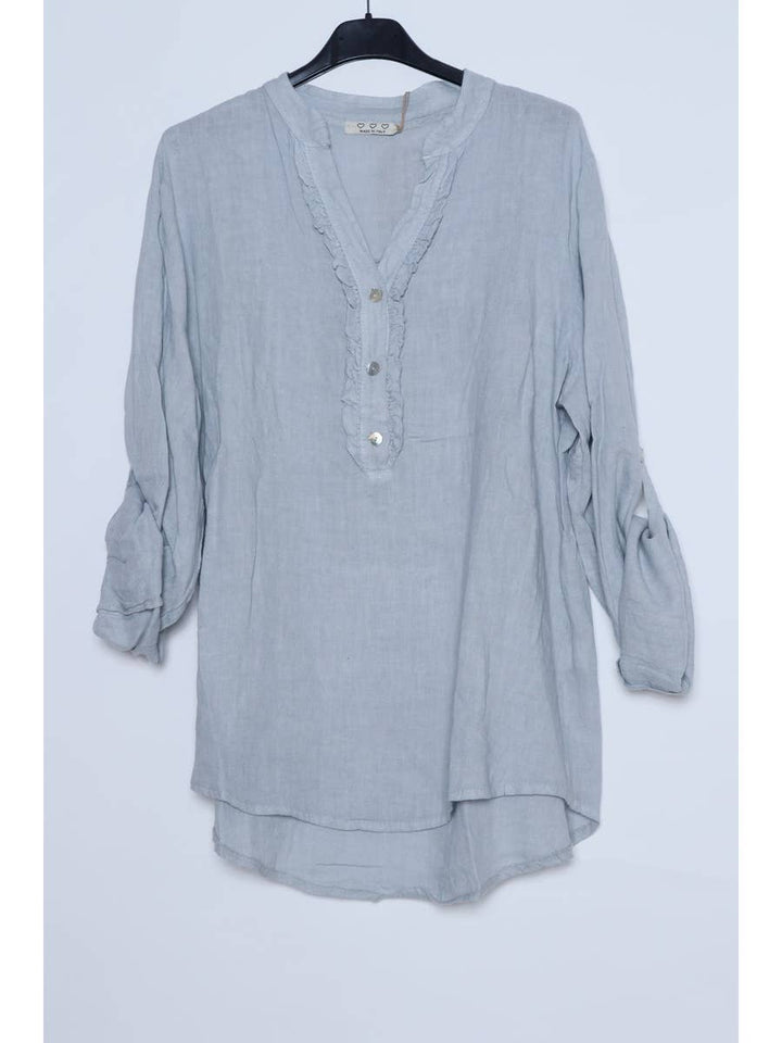 V-Neck Linen Blouse w/Ruffle Trim
