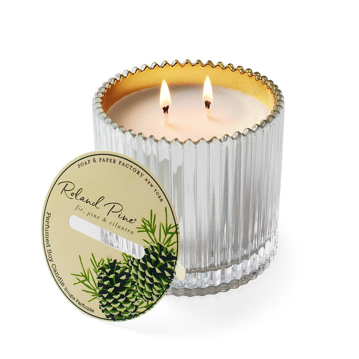 Roland Pine 14oz Two-Wick Silver/Gold Ribbed Glass Candle