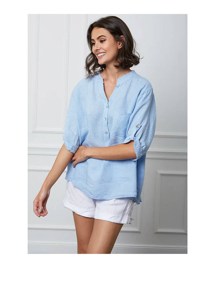 Henley Button Blouse, Sky Blue