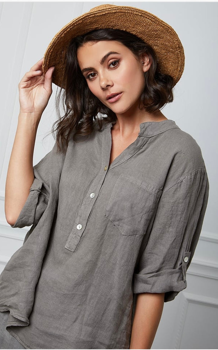 Henley Button Blouse, Taupe