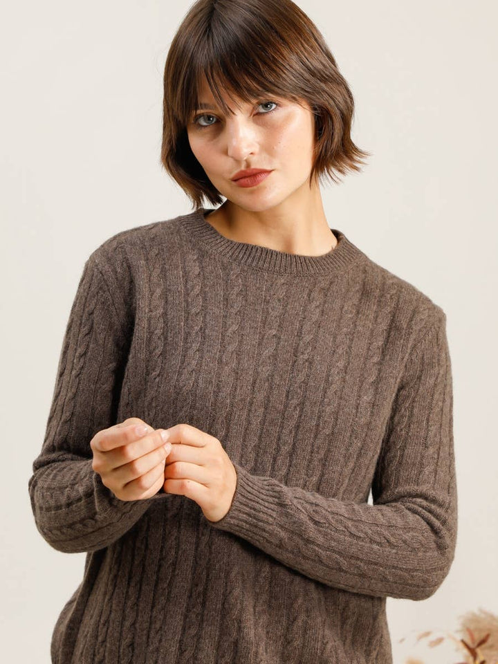 Crew Neck Cable Knit Merino Sweater, taupe
