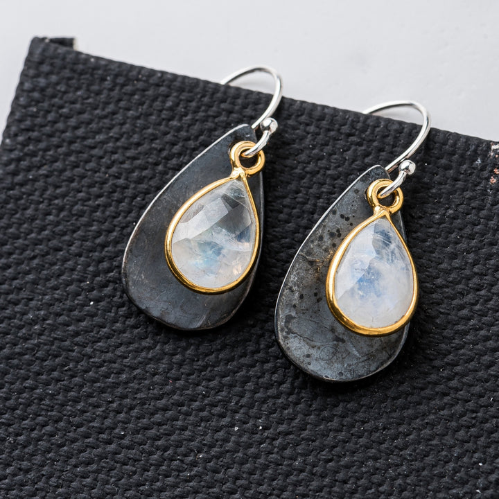 Black Petal Earrings, moonstone