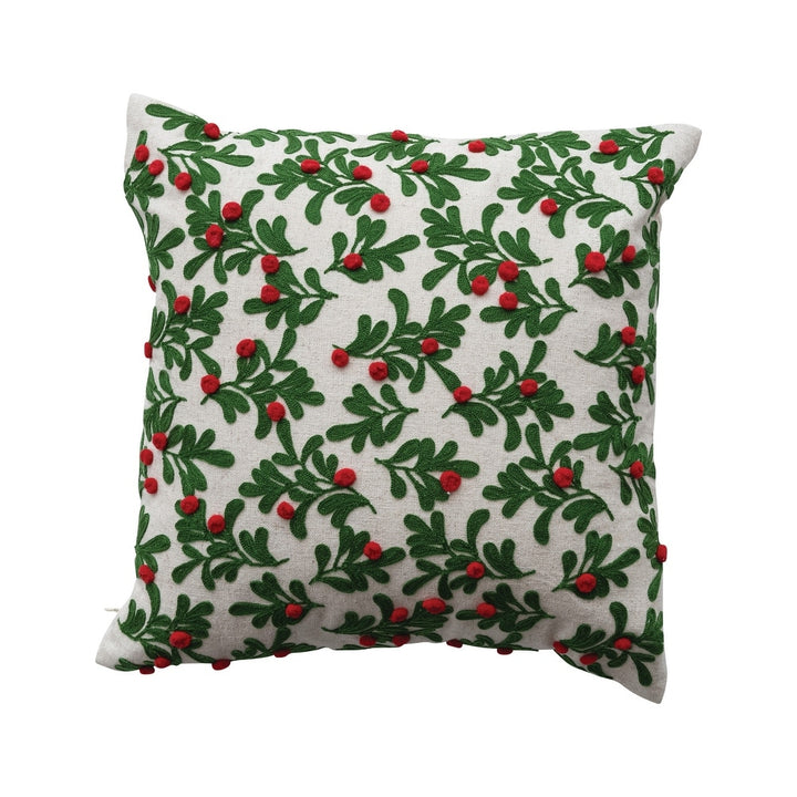 Cotton pillow with holly & pom poms