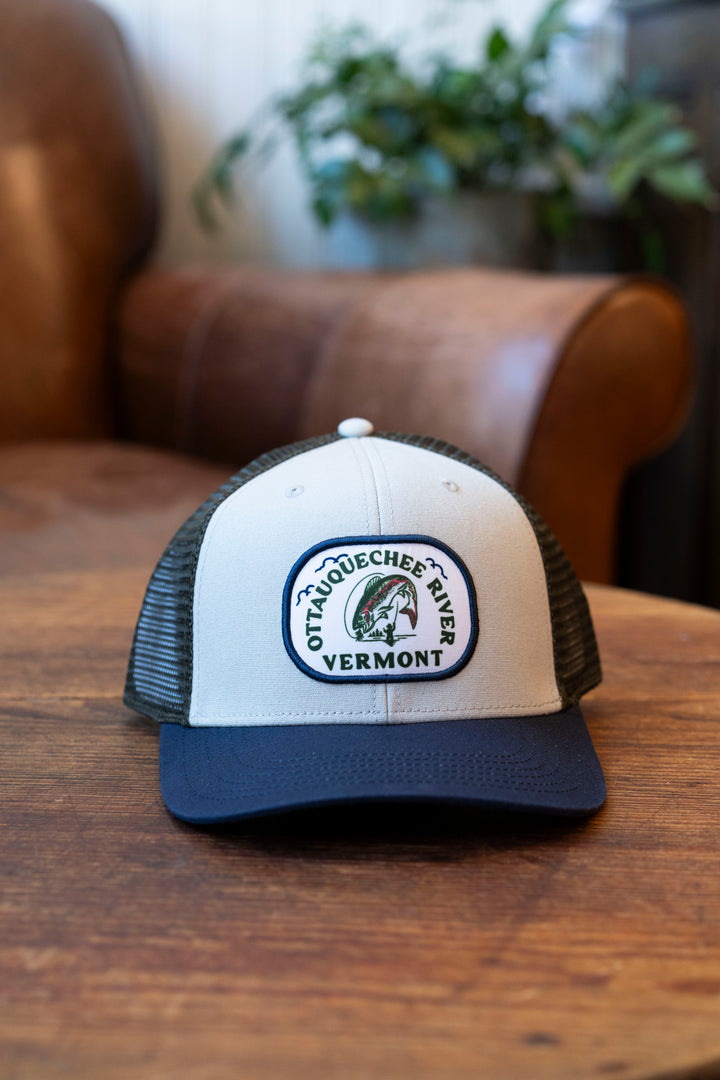 Ottaquechee RiverTrucker Hat, tan/navy/olive