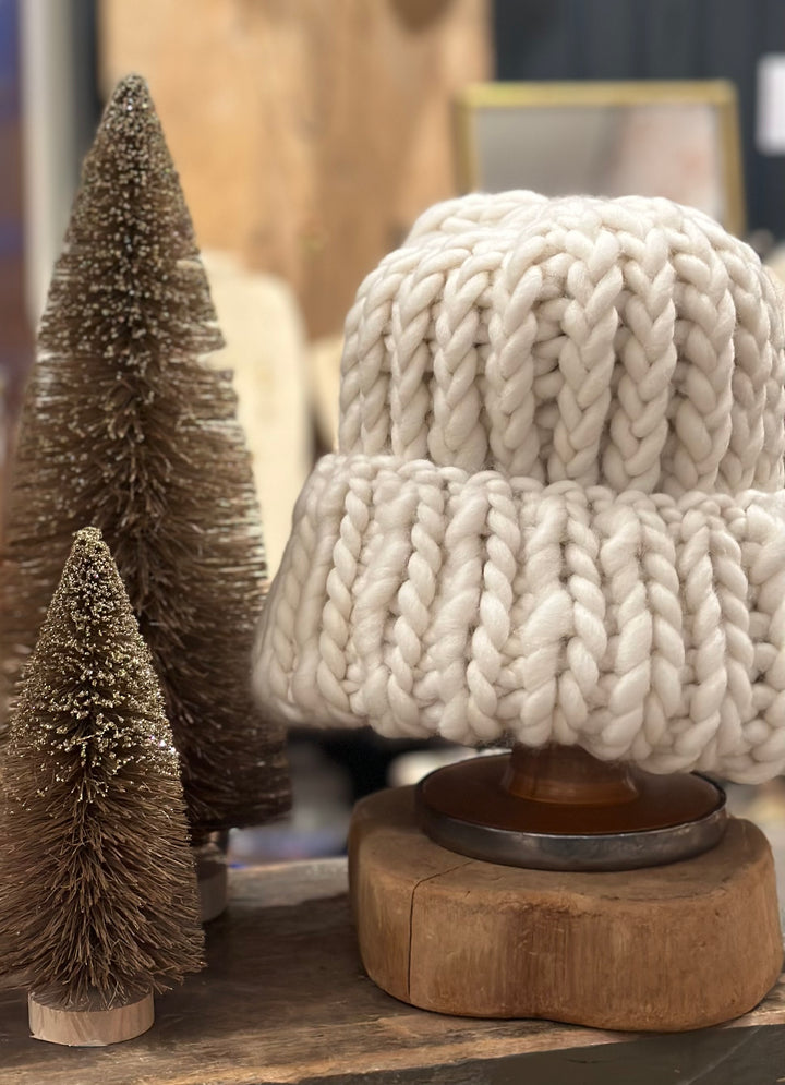 Roving Hat, 100% wool, hand knit, ivory