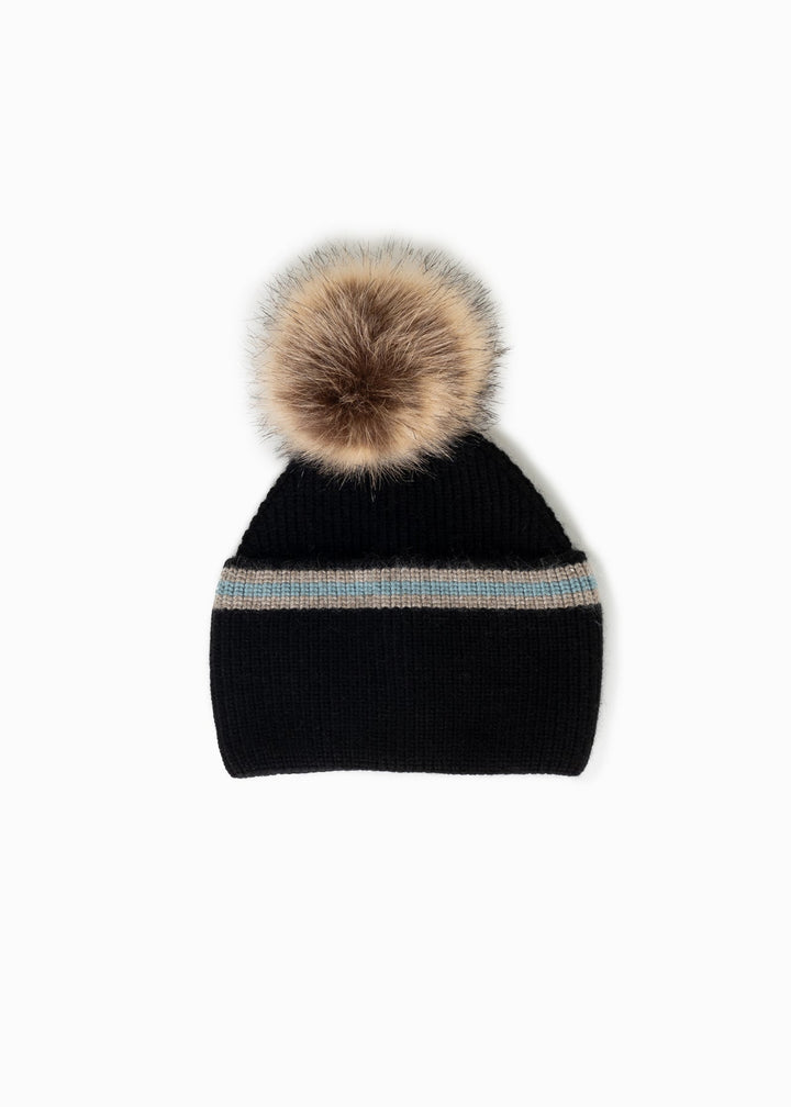Wide Cuff Stripe Pompom Hat, black
