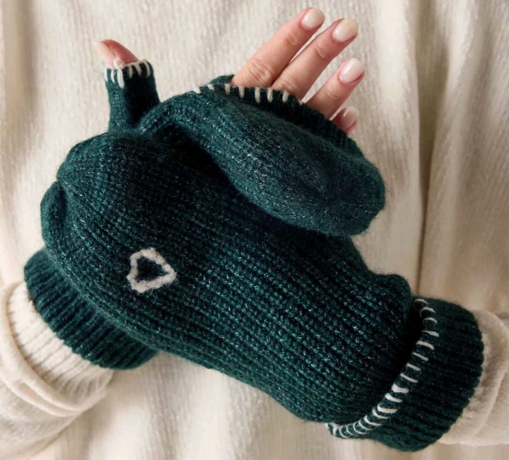 Sailor Love Whipstitch Mittens - Green /Heathered Cream