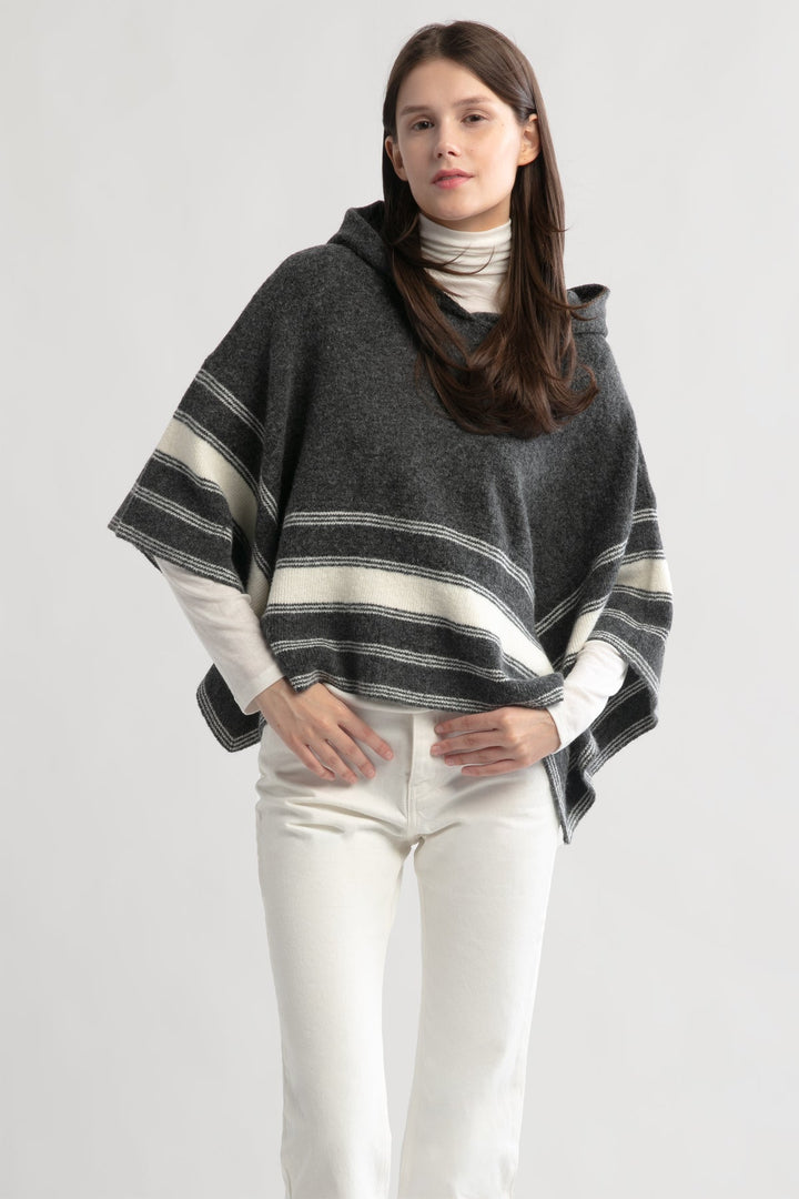 Striped Hood Cape Poncho, charcoal