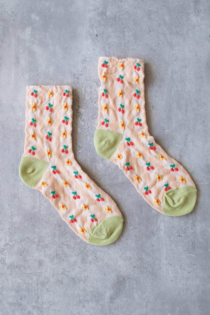 Women's Cherry Floral Pattern Socks, blush