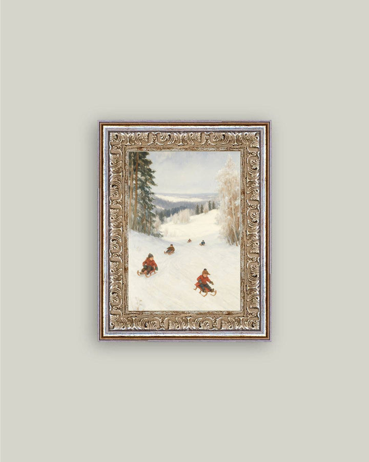 Sledding Hill Framed Antique Art