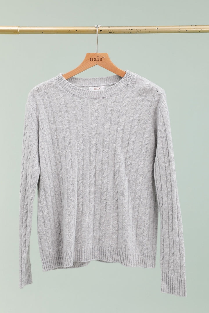 Crew Neck Cable Knit Merino Sweater, light gry