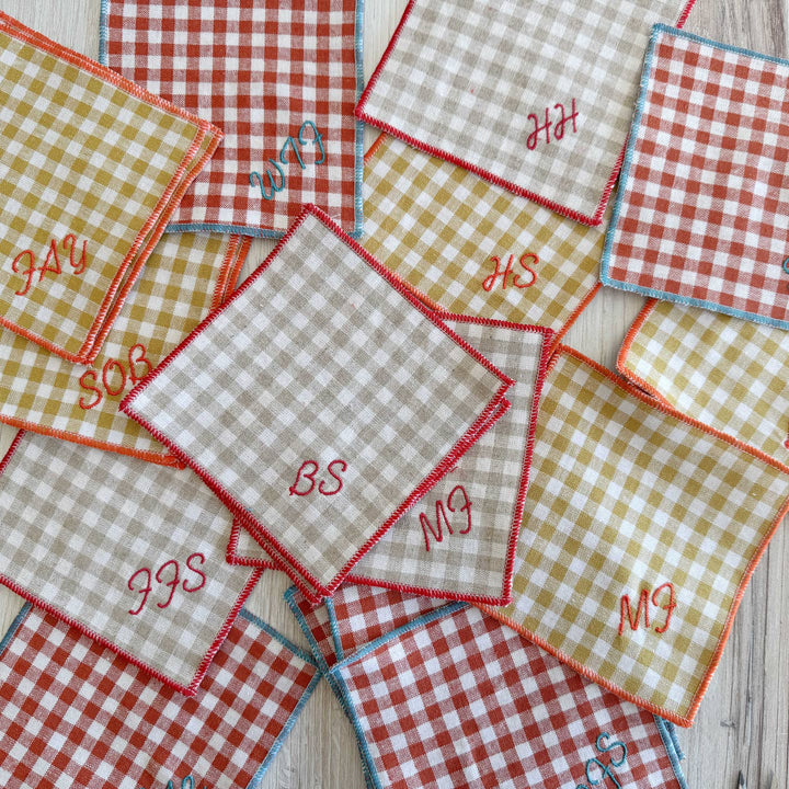 Sweary Cocktail Coasters, gingham plaid, wheat, set of 8