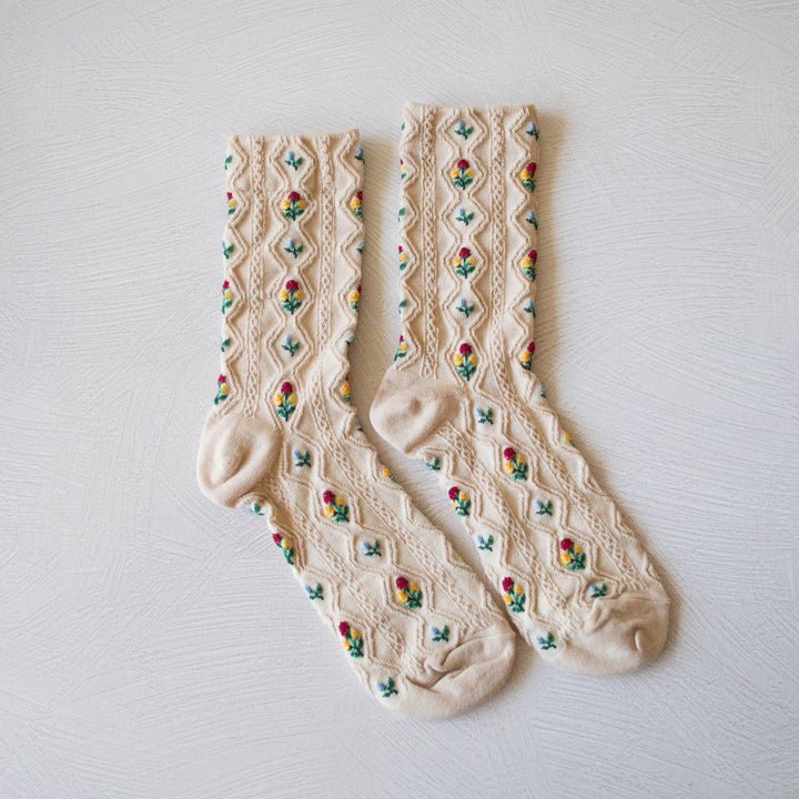 Romantic Floral Casual Socks, Milk Tea