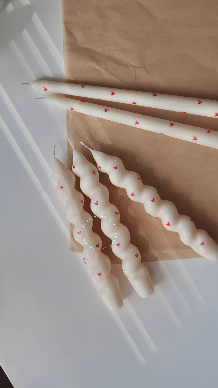 Individual spiral taper candles with hand painted hearts  