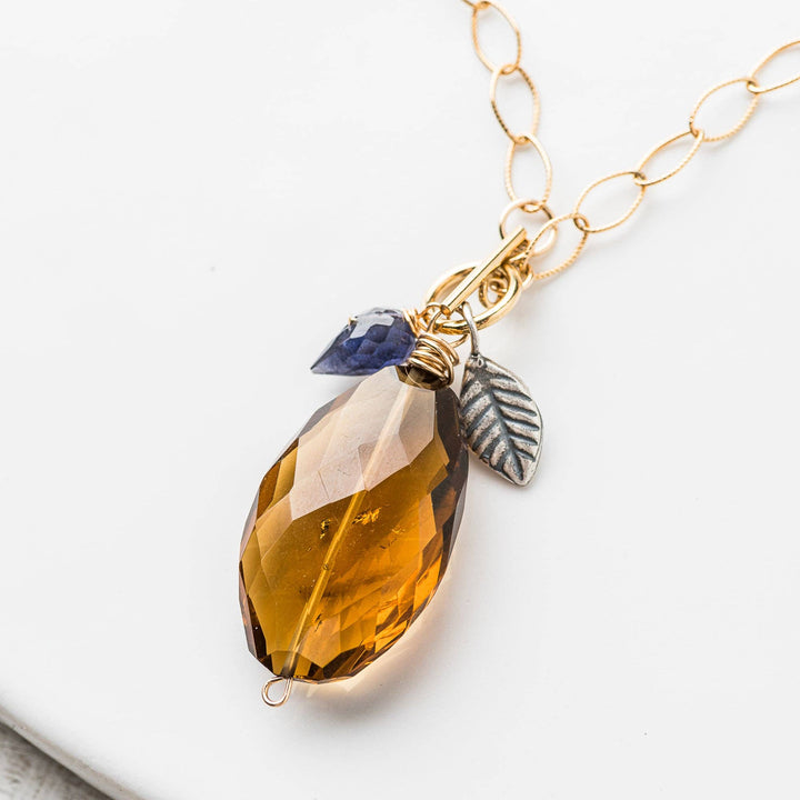 Whiskey Quartz Cluster Necklace with Iolite and Silver Leaf
