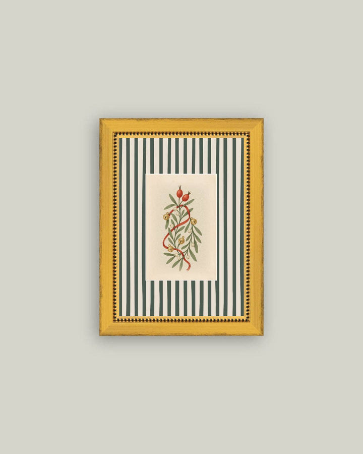 Holly Bells on Stripes Framed Antique Art