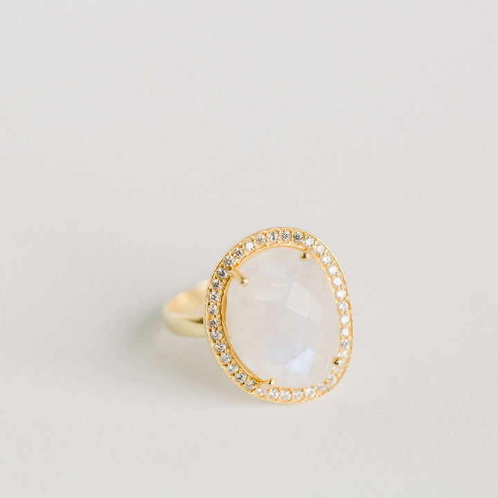 Cosmo Gold Pave Ring, rainbow moonstone