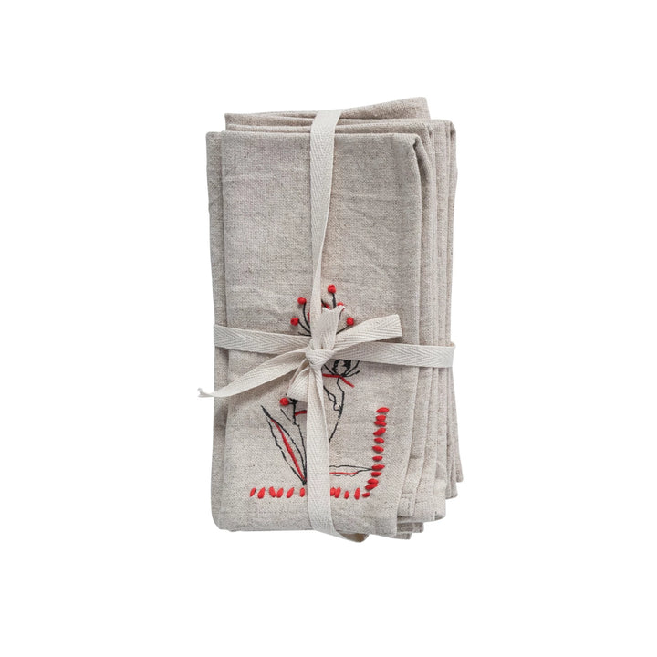 Cotton Print Napkins w/embroid & french knots, set of 4