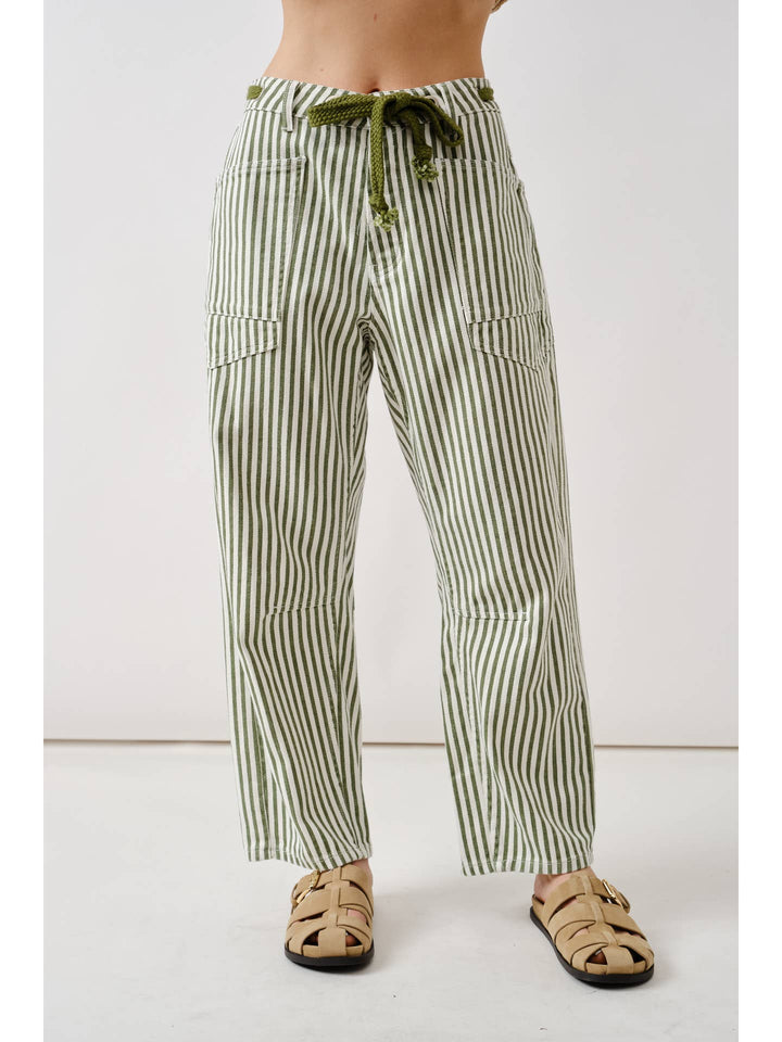 Barrel Denim Pants with eyelet, olive stripe