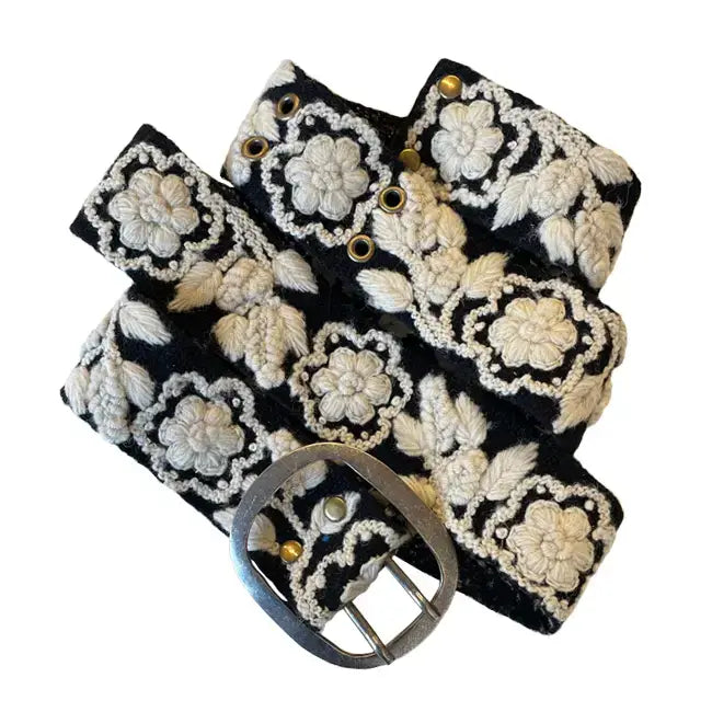 Two-Tone Embroidered Wool Belt, Black/Cream