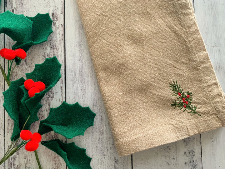 Winter Bough Natural Cotton Cloth Napkins, set of four | holly berries