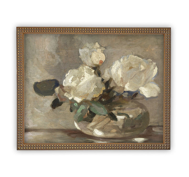 White Flower + Vase Vintage Art, beaded gold frame, 11 x14