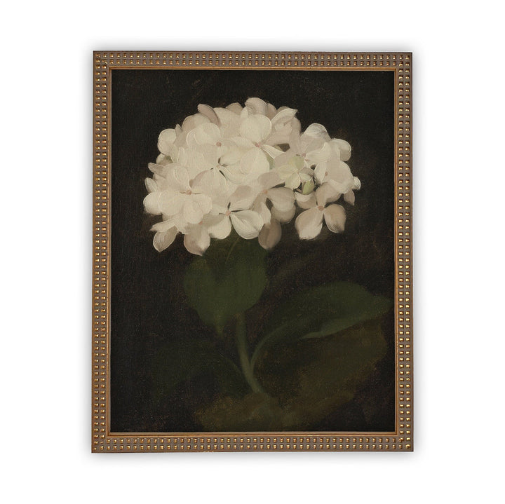 White Flower Stem Vintage Art, beaded gold frame, 11 x14