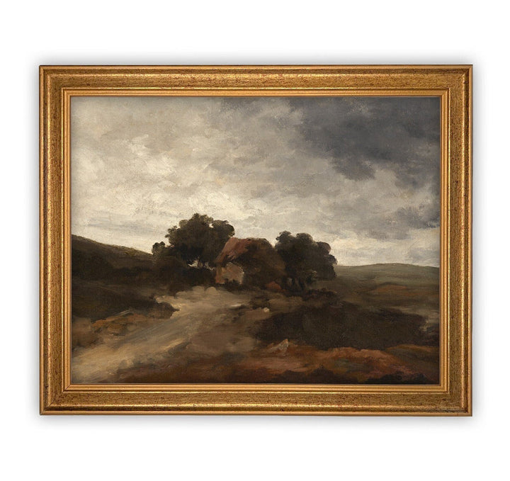 Cottage and Trees Vintage Art, casa gold frame, 8x10