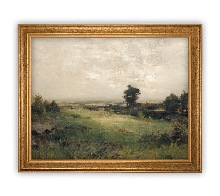 Field w/Distant House Vintage Art, casa gold frame, 11x14