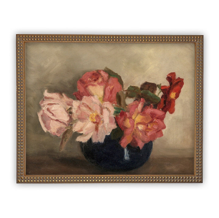 Pink Flowers + Vase Vintage Art, beaded gold frame, 11 x14