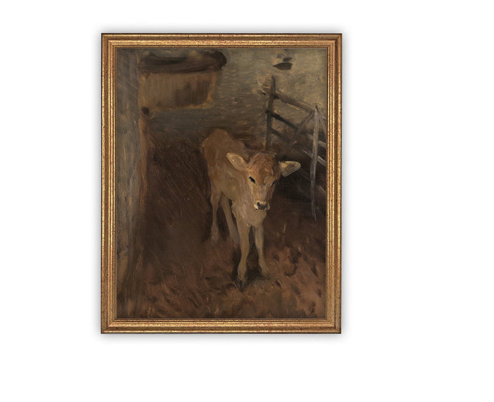 Cow in Stall Vintage Art, casa gold frame, 11x14