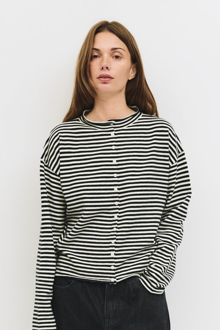 The Elisa Cardigan | Striped Button-Down Cardigan, blk/cream,