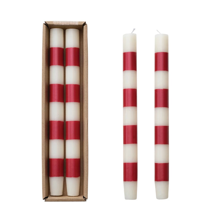 S/2 Unscented Taper Candle, Ivory & Red Stripe