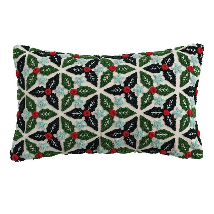 Lumbar Pillow with Tufted Holly Leaves, Stars & Pom Poms