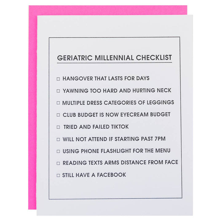 Geriatric Millennial Checklist Letterpress Card