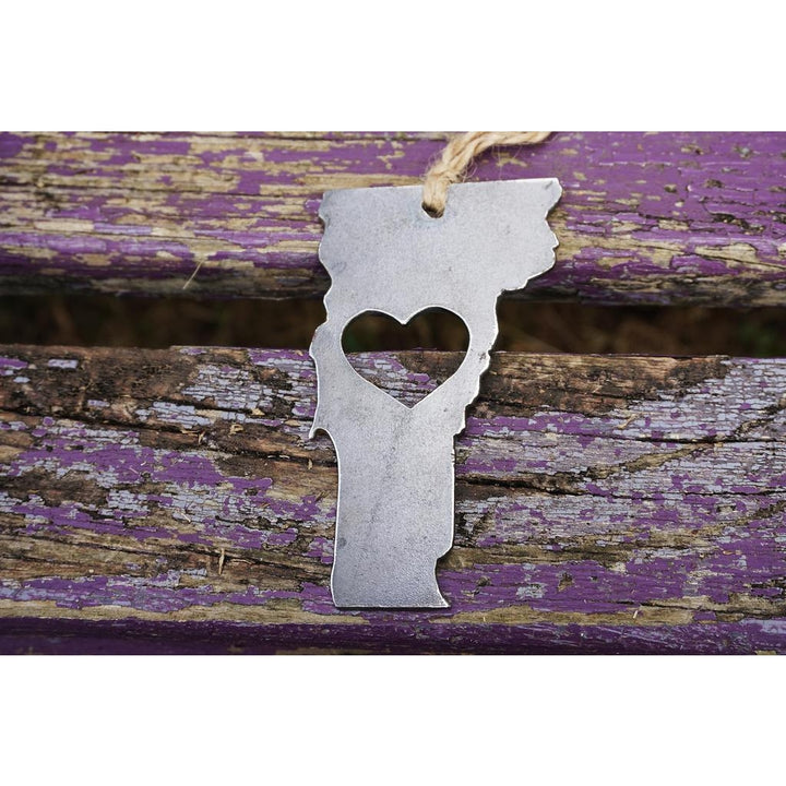 Vermont State Ornament with Heart, raw steel