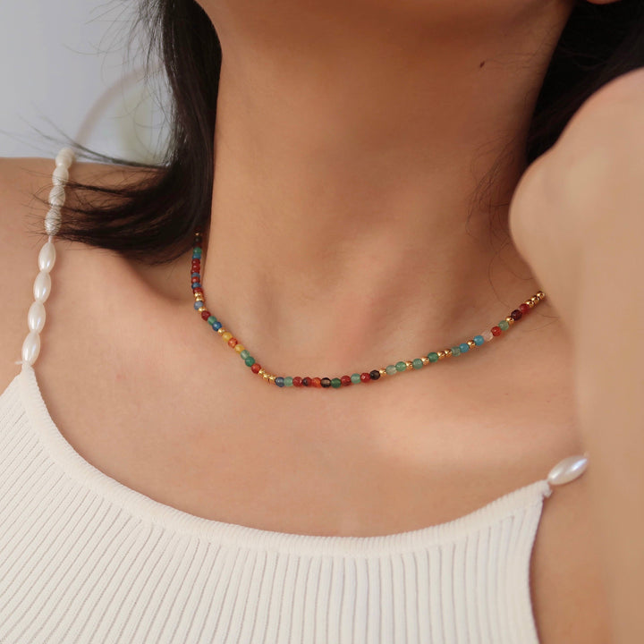 18k Gold Beaded Necklace; Nature Agate Rainbow Necklace